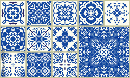 Seamless patchwork from Azulejo tiles. Collection of ceramic tiles in turkish style. Portuguese and Spain decor in blue, white. Islam, Arabic, Indian, Ottoman motif. Vector Hand drawn background