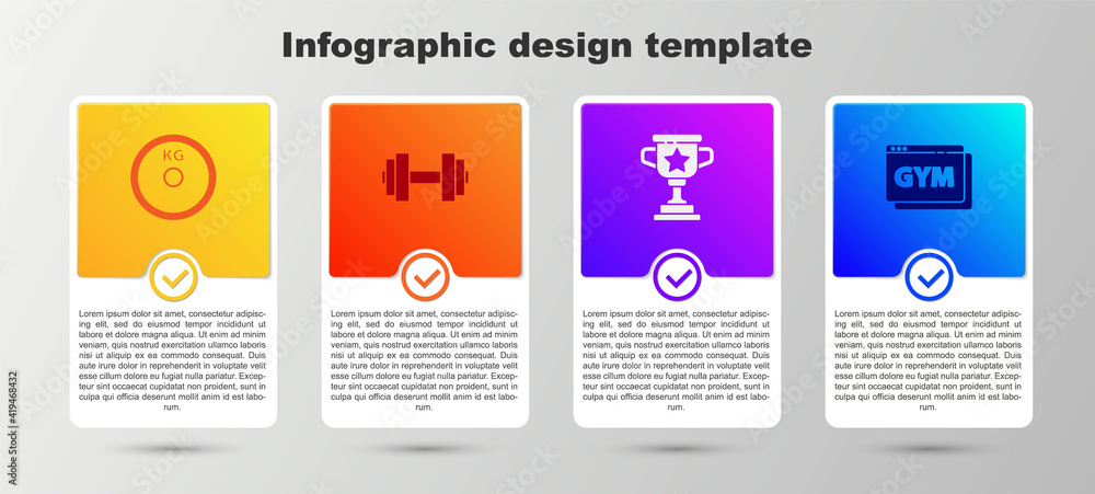 Set Weight plate, Dumbbell, Award cup and Online fitness and training. Business infographic template. Vector. Set Weight plate, Dumbbell, Award cup and Online fitness and training. Business infographic template. Vector.