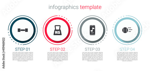 Set Dumbbell, Weight, Music player and Tennis ball. Business infographic template. Vector.