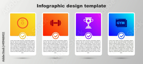 Set Weight plate, Dumbbell, Award cup and Online fitness and training. Business infographic template. Vector.