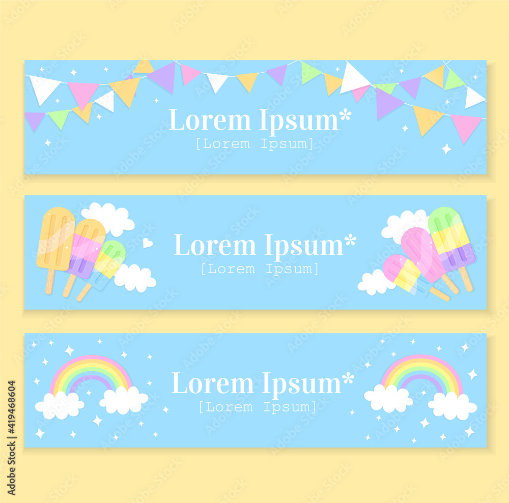 Set of horizontal summer banners. Bright neon color web banner collection: flag festive garland, fruit ice cream on clouds, cute rainbows with stars on blue background. Cute design for your projects.