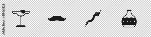 Set Margarita cocktail, Mustache, Snake and Tequila bottle icon. Vector.