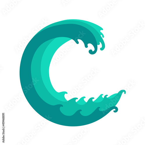 Big blue wave in a round shape. Vector flat design element.