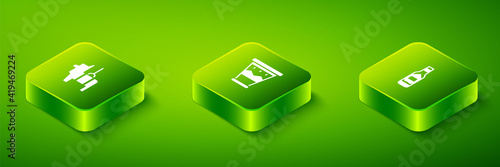 Set Isometric Mexican drum, Tabasco sauce and Pinata icon. Vector.