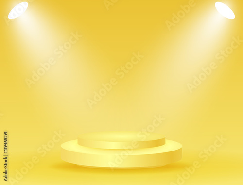 Abstract podium with lighting gold color on a yellow background. Podium stage for an award ceremony or performance by an artist. Stock vector illustration.