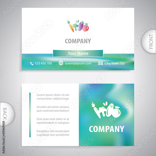 Business card template. Healthy vegetables such as carrots, cauliflower, eggplant or radish. Collection of farm product for restaurant menu, market label. Concept for vegetarian food.