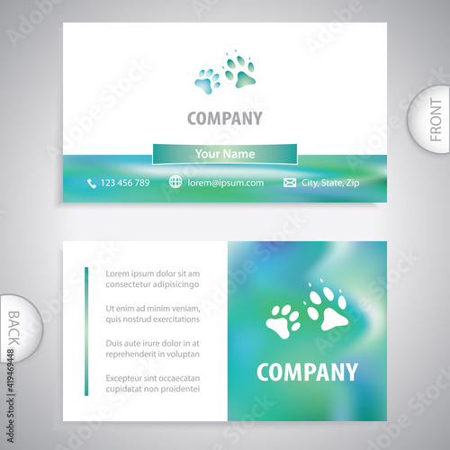 Business card template. Pet shop symbol with cat and dog footprint. Concept for veterinary clinic, zoo, animal feed. Store with accessories for animals.