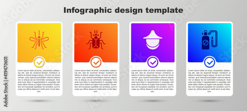Set Mosquito, Beetle bug, Beekeeper hat and Pressure sprayer. Business infographic template. Vector.