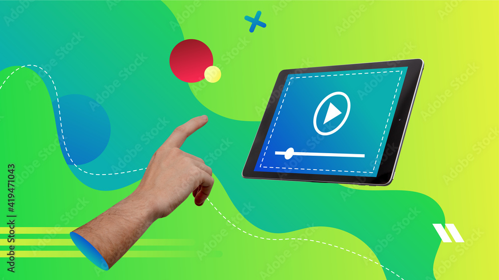 Conceptual contemporary art collage. Concept of a video being reproduced in a tablet. foto de