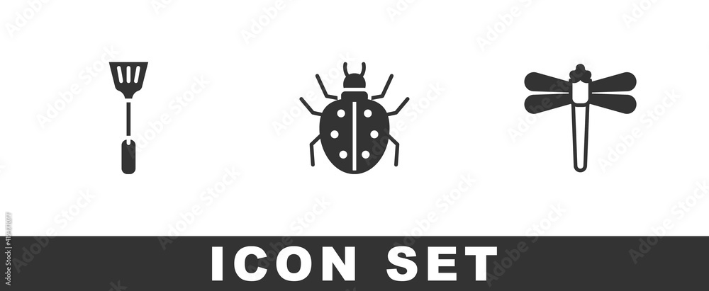 Set Fly swatter, Mite and Dragonfly icon. Vector. Set Fly swatter, Mite and Dragonfly icon. Vector.