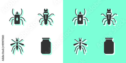 Set Glass jar, Beetle bug, Mosquito and Termite icon. Vector.