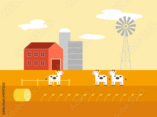 Happy cows on farm. Ranch barn, haystack, ears of corn, old style windmill. Country life. Cute hand-drown cartoon flat design vector character illustration. Stationary, fabric, print, web design.