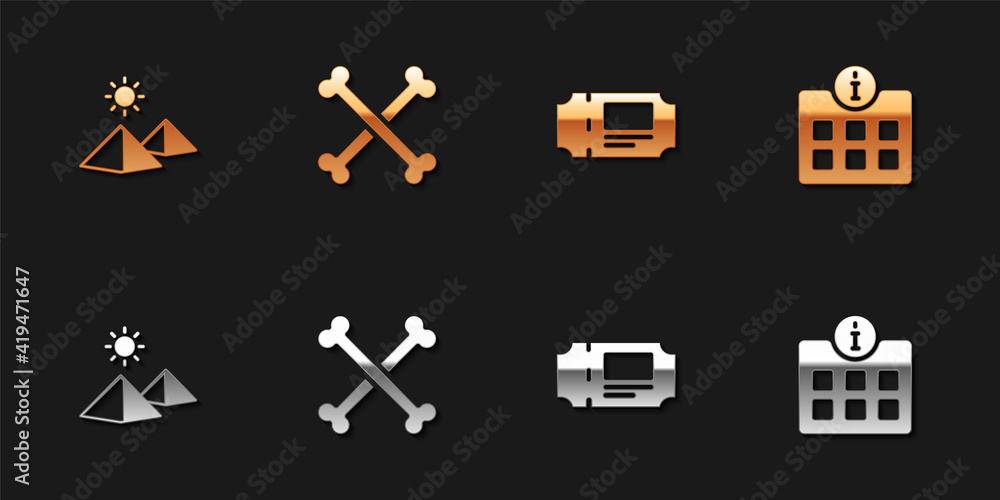 Set Egypt pyramids, Crossed human bones, Museum ticket and Information icon. Vector. Set Egypt pyramids, Crossed human bones, Museum ticket and Information icon. Vector.