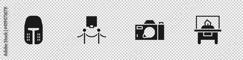 Set Medieval iron helmet, Picture and rope barrier, Photo camera and Glass showcase for exhibit icon. Vector.