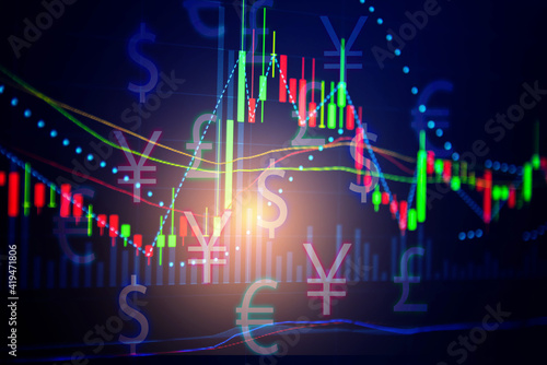 Candlestick chart in financial stock market on digital number background. Forex trading graphic design and Stock market trading trend as concept.