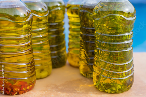 variants of aromatic cold-pressed olive oils with mediterranean herbs chili and garlic