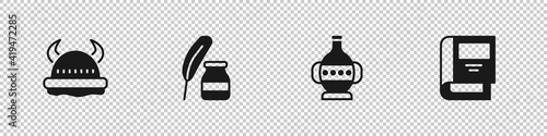 Set Viking in horned helmet, Feather and inkwell, Ancient amphorae and History book icon. Vector.