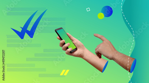 Conceptual contemporary art collage. Hands holding a smartphone and texting. Double check of reading message concept. 