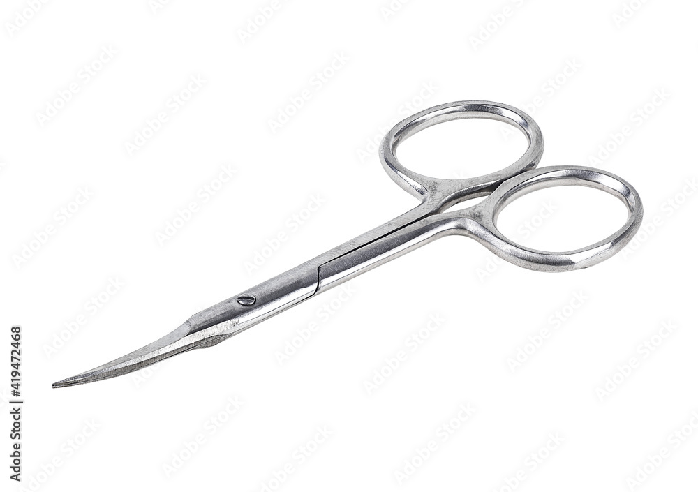 Rounded blades scissors isolated on a white background. Metal manicure tools. Dental tool. Rounded blades scissors isolated on a white background. Metal manicure tools. Dental tool.