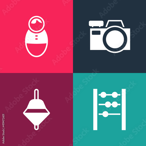 Set pop art Abacus, Whirligig toy, Photo camera and Tumbler doll icon. Vector.