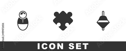 Set Tumbler doll toy, Puzzle pieces and Whirligig icon. Vector.