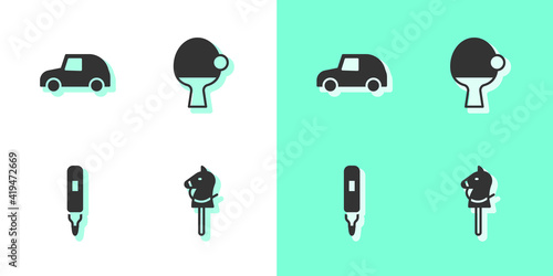 Set Toy horse, car, Marker pen and Racket and ball icon. Vector.
