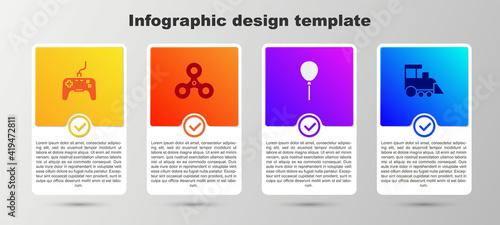 Set Gamepad, Fidget spinner, Balloons with ribbon and Toy train. Business infographic template. Vector.