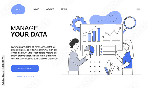 Male and female characters are managing data together. Young man and woman working on workflow organization and optimization. Website, web page, landing page template. Flat cartoon vector illustration