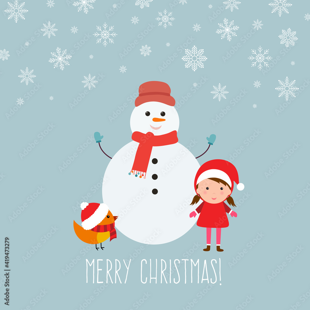 Merry Christmas greeting card with cute xmas characters.