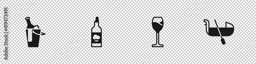 Set Bottle of wine in bucket, olive oil, Wine glass and Gondola icon. Vector.