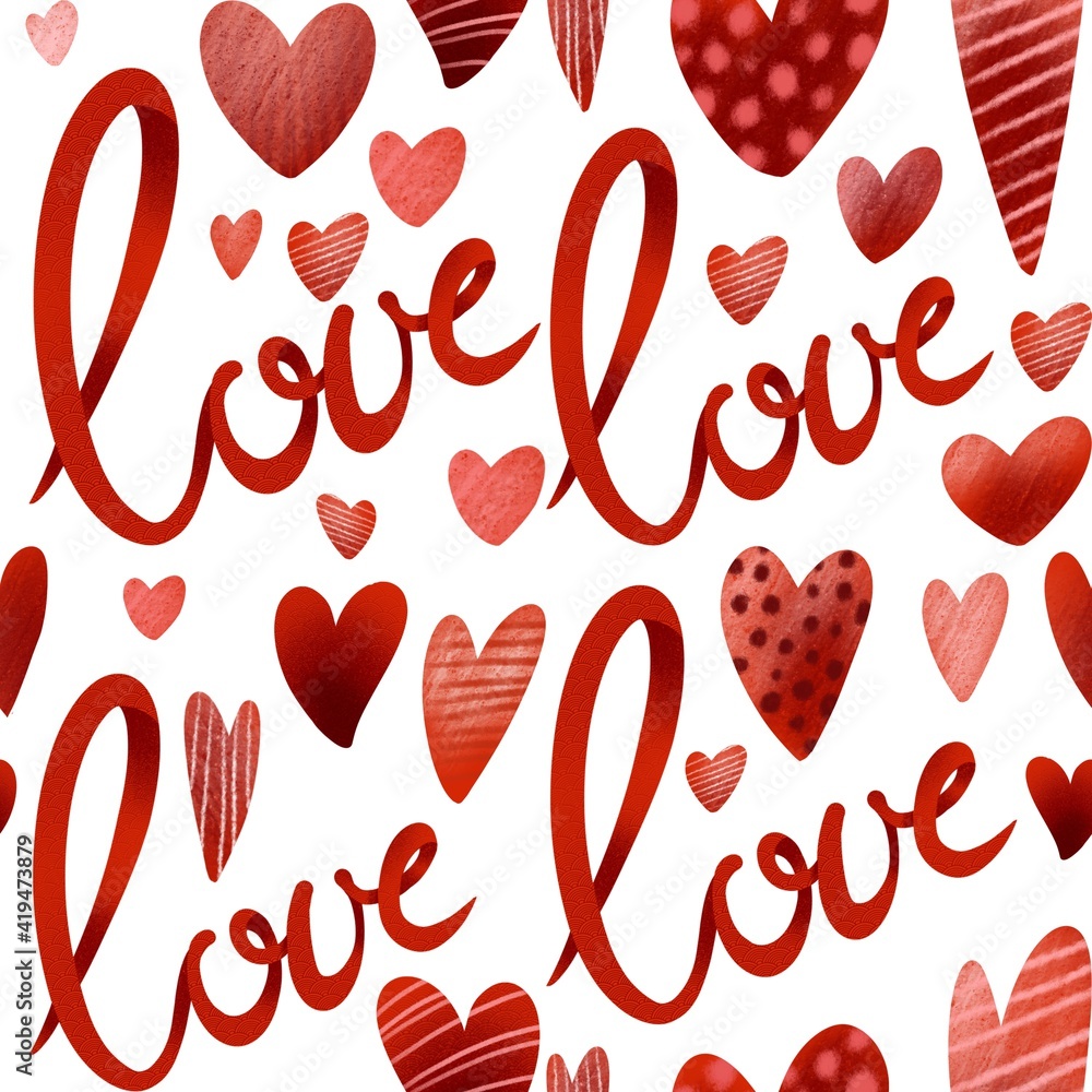 Grunge hearts with love lettering. Hand drawn red pencil chalk textured heart, sweethearts beloved valentine seamless pattern greeting card. Elegant love hearts decoration isolated Grunge hearts with love lettering. Hand drawn red pencil chalk textured heart, sweethearts beloved valentine seamless pattern greeting card. Elegant love hearts decoration isolated