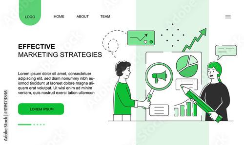 Young male and female characters working on effective marketing strategies. Man and woman cooperating for graph analyzing. Website, web page, landing page template. Flat cartoon vector illustration