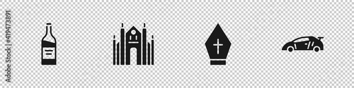 Set Bottle of wine, Milan Cathedral, Pope hat and Sport racing car icon. Vector.