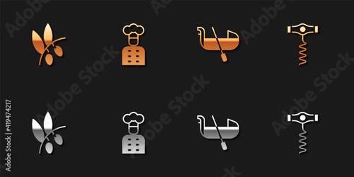 Set Olives branch, Italian cook, Gondola and Wine corkscrew icon. Vector.