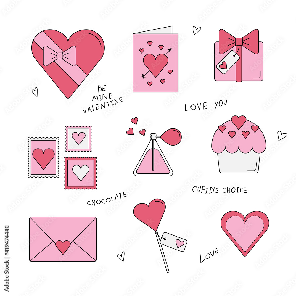 Saint Valentine Day icon set. Simple hand-drown lovely dating valentine day design elements: gift box, greeting card, perfume bottle, heart lolly pop, pancake, chocolate candy box, romantic letter. Saint Valentine Day icon set. Simple hand-drown lovely dating valentine day design elements: gift box, greeting card, perfume bottle, heart lolly pop, pancake, chocolate candy box, romantic letter.