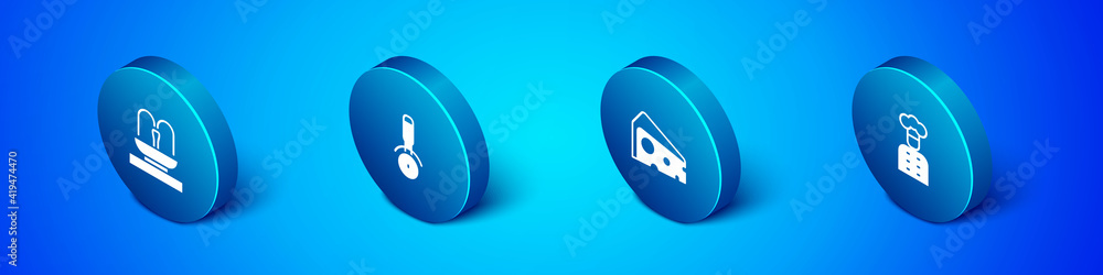 Set Isometric Fountain, Cheese, Italian cook and Pizza knife icon. Vector. Set Isometric Fountain, Cheese, Italian cook and Pizza knife icon. Vector.