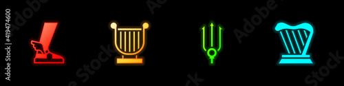 Set Hermes sandal, Ancient lyre, Neptune Trident and Harp icon. Vector.