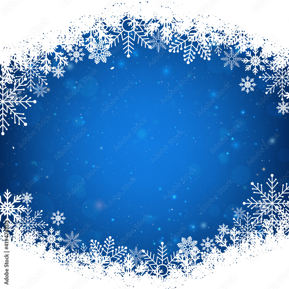 Fototapeta premium Blue Christmas background with white snowflakes frame