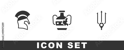 Set Greek helmet, Broken amphorae and Neptune Trident icon. Vector.