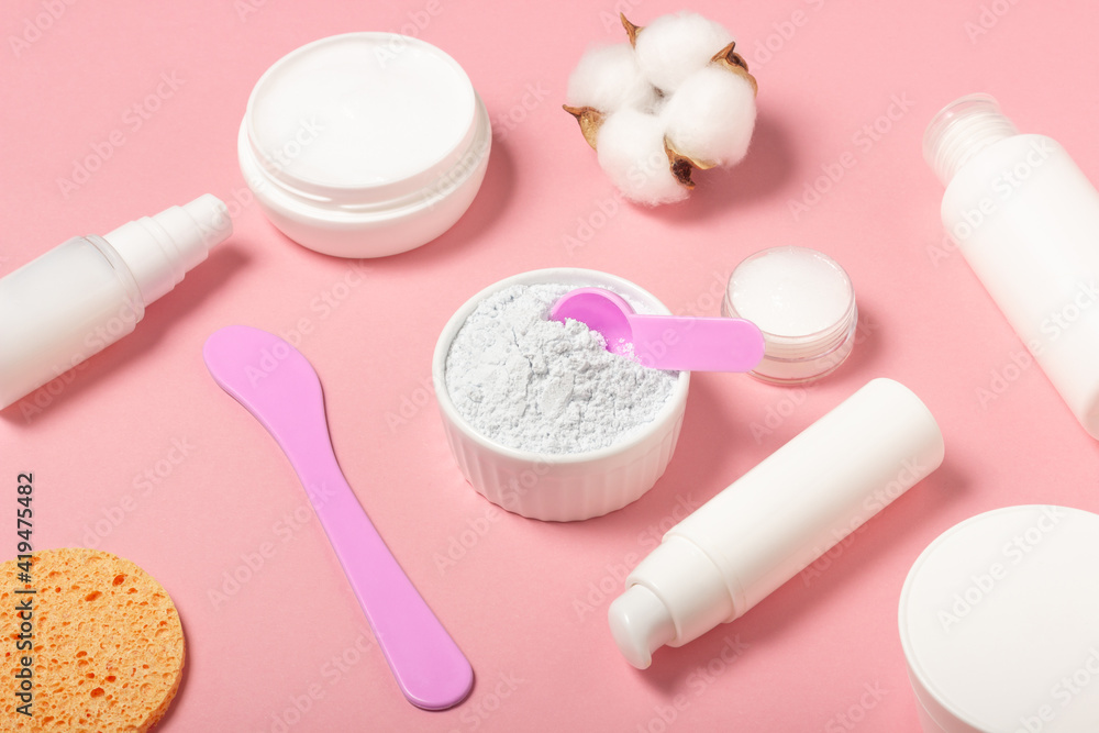 Alginate and clay face masks. Cosmetic products, masks and creams in jars. Top view, flat lay Alginate and clay face masks. Cosmetic products, masks and creams in jars. Top view, flat lay