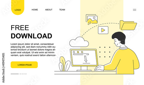 Male character is downloading files for free. Young man is sitting in front of computer with upload sign on screen. Website, web page, landing page template. Flat cartoon vector illustration
