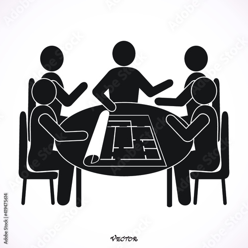 meeting architects for future house. People meeting architect for plans of future home. Icon Isolated on White Background.