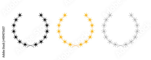 Collection of yellow color  silhouette  circular thin star and wreaths depicting an award  heraldry wreath. success  victory  crown  winner  ornate  vector icon illustration.