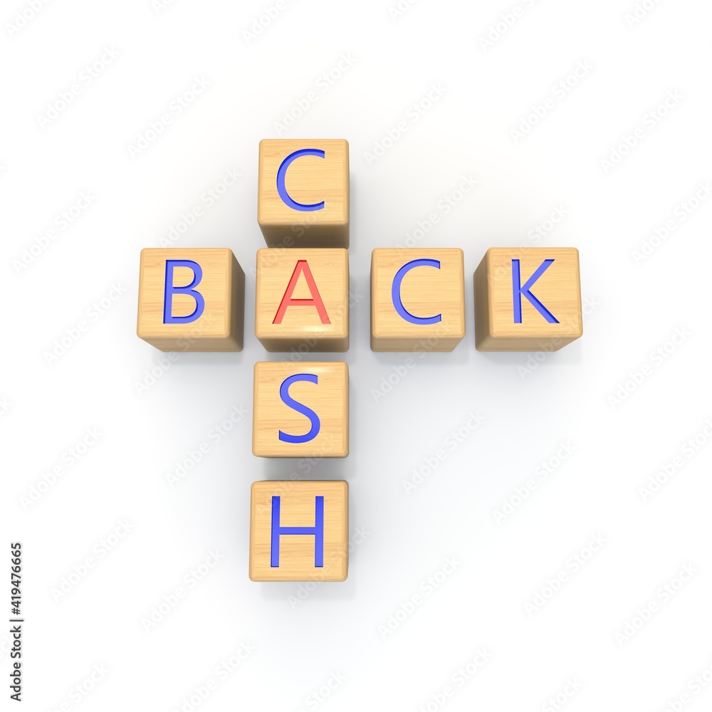 The CASH BACK inscription is laid out of wooden cubes with a crossword puzzle. Isolated white background. 3D illustration The CASH BACK inscription is laid out of wooden cubes with a crossword puzzle. Isolated white background. 3D illustration