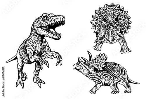 Graphical set of dinosaurs on white background,vector elements,paleontology