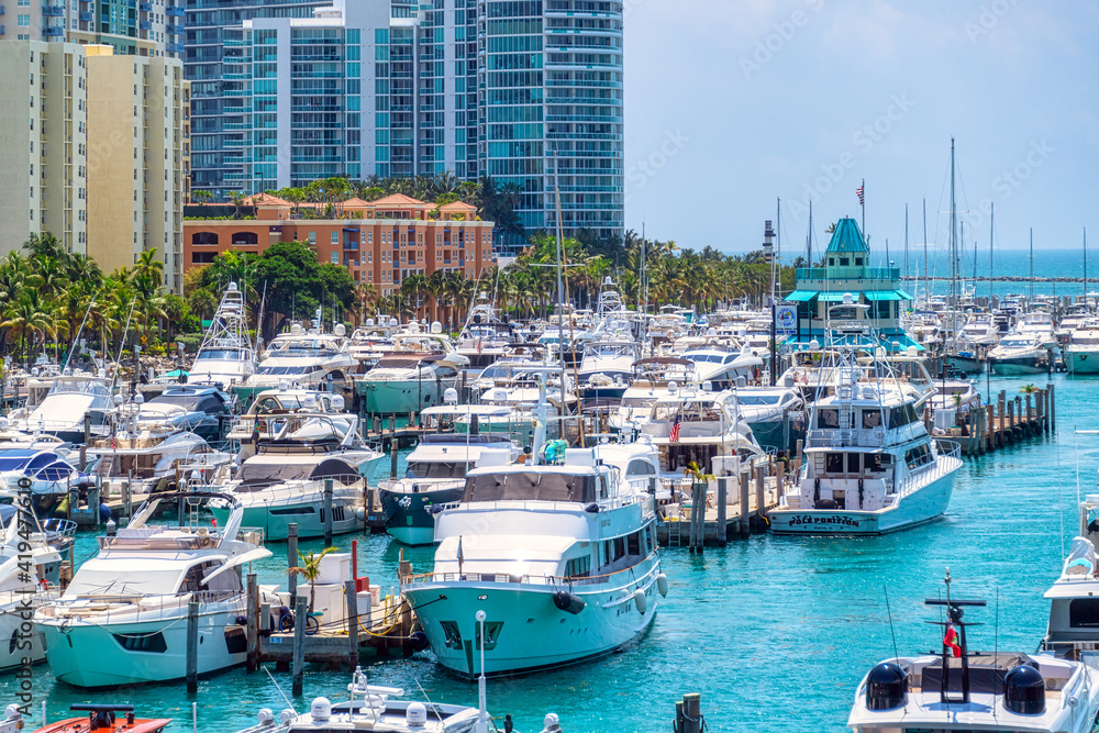 Miami marina full of recreational yachts, Florida, USA
