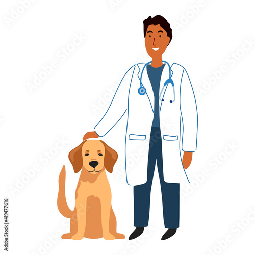 Fototapeta Naklejka Na Ścianę i Meble -  Profession veterinarian medical. Smiling vet doctor with stethoscope. Happy afro american man and cute dog isolated on background. Vector illustration cartoon style. Veterinary clinic professional.