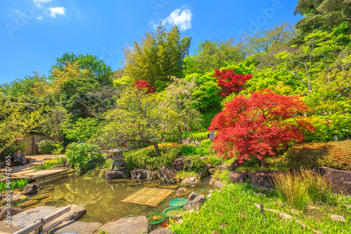 Kamakura, Japan - April 23, 2017: small lake surrounded by a flowering garden in a sunny day at Hase-dera Temple or Hase-kannon, Kanagawa Prefecture, Kamakura.