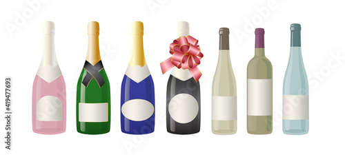 Different celebration wine and champaign bottles set. Design elements, mockups, templates of different glass bottles. Party time set. Bottles isolated on white background. Flat realistic vector eps10.