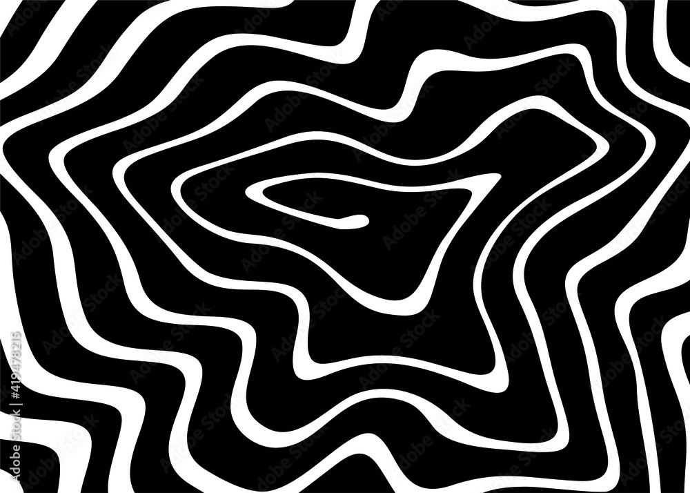 Black and white striped swirling pattern. Modern vector background